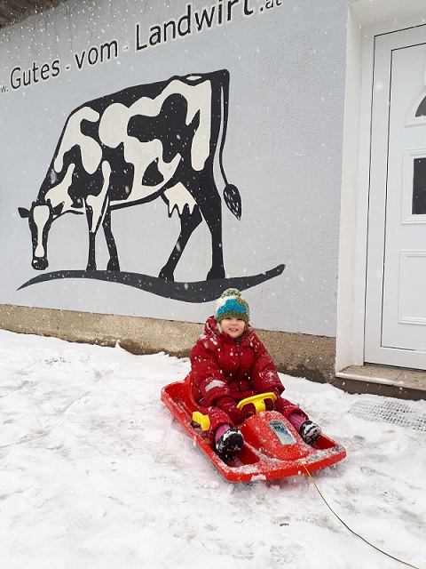 Mit Rodel einkaufen im Schnee